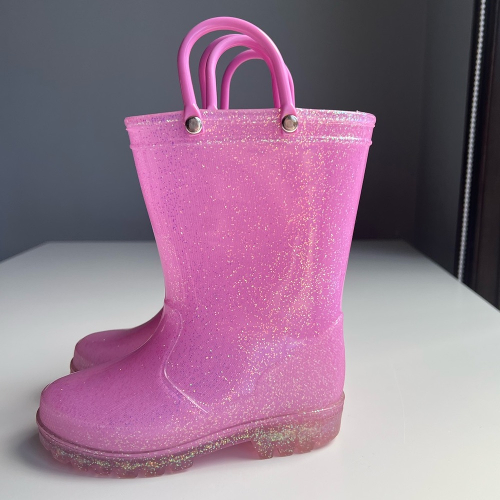 Kids Toddler Waterproof Glitter Sparkle Pink Pull On Rain Boots Size 7 Girls
